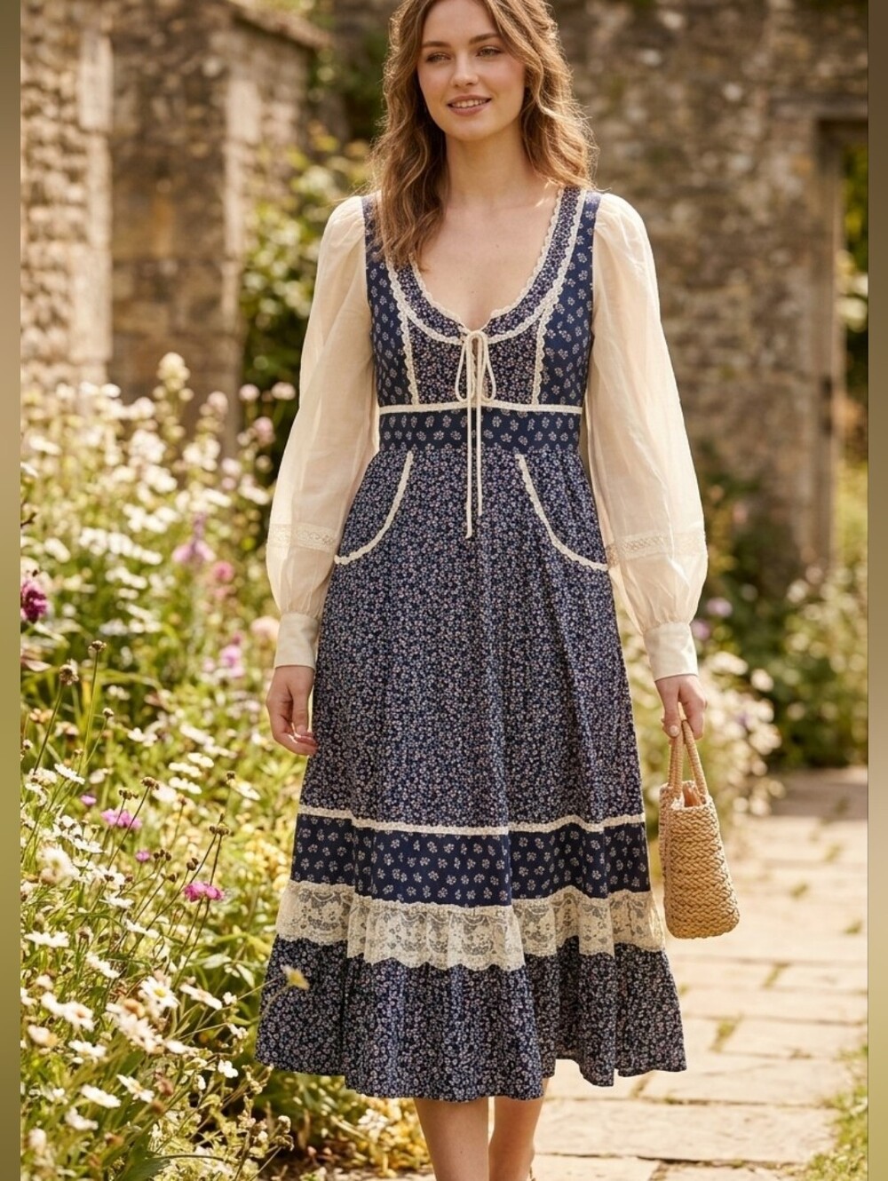 Vintage Gunne Sax Jessica McClintock Rare Floral Print Prairie Dress Frock